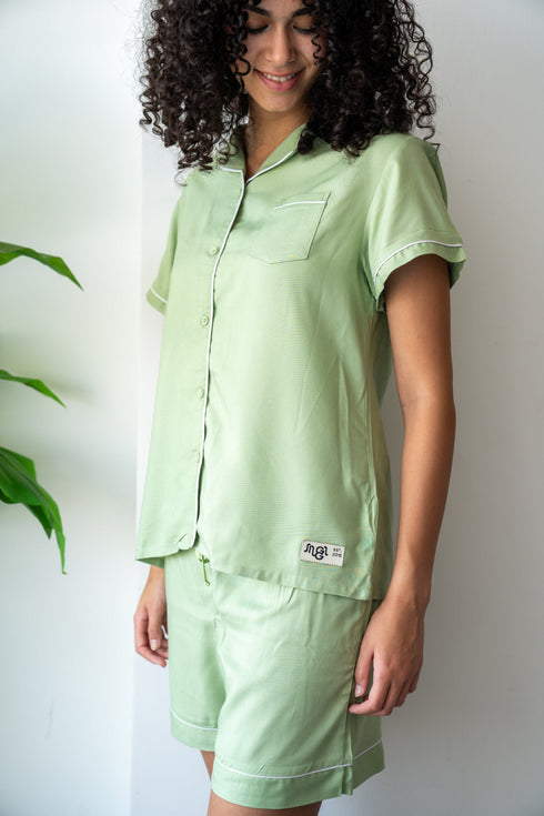 Women Summer Pajama Set Mint Buttoned Shirt + Shorts